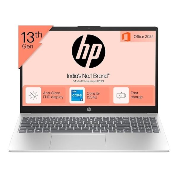 HP 15-fd0467TU Laptop 13th Gen Intel Core i5-1334U, 16GB DDR4 RAM, 512GB SSD, 15.6" FHD Display, Intel Iris Xe Graphics, Windows 11, MS Office 2024, Backlit Numeric Keyboard, Natural Silver