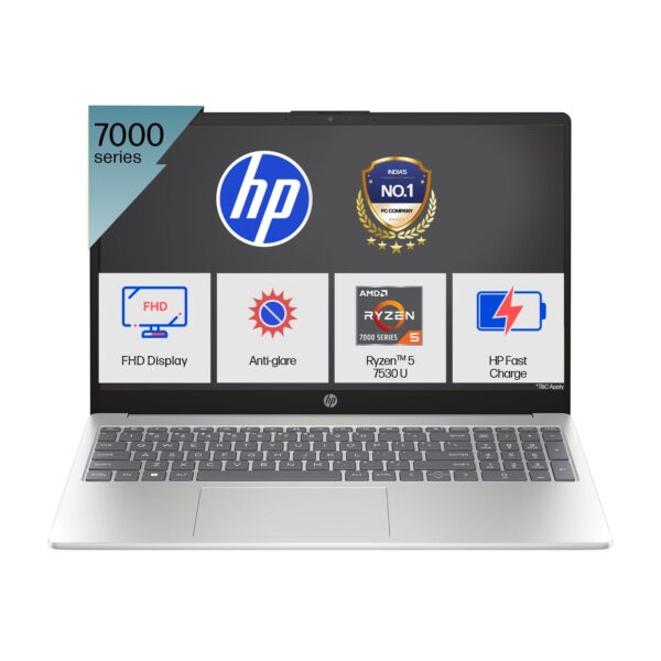 HP 15-fc0389AU Laptop AMD Ryzen 5 7530U, 16GB DDR4 RAM, 512GB SSD, 15.6" FHD Display, Windows 11, MS Office H&S 2024, Backlit Keyboard, Wi-Fi 6, Bluetooth 5.3, Natural Silver